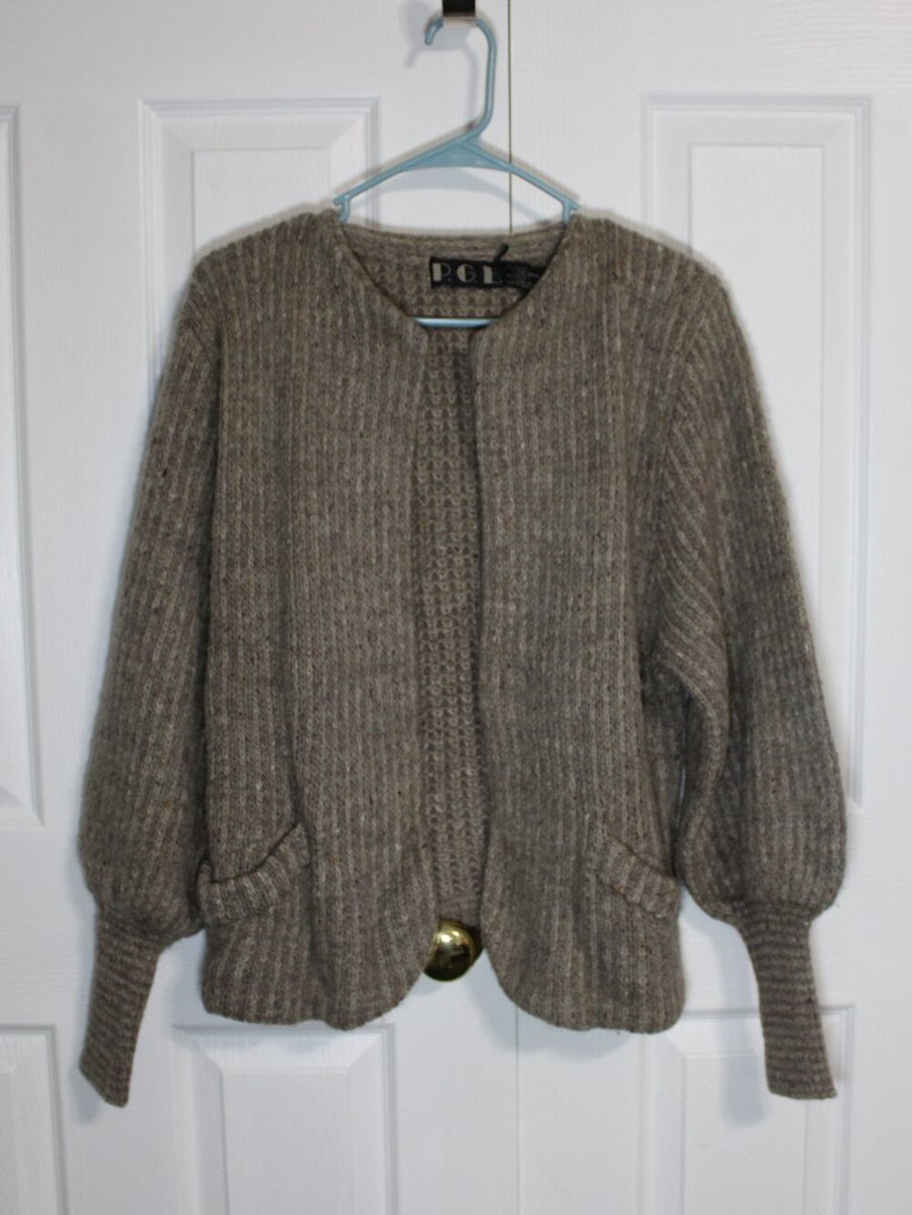 Vintage P.G.E Taupe Brown Chunky Knit Puffed Sleeve Front Patch Pocket Cardigan